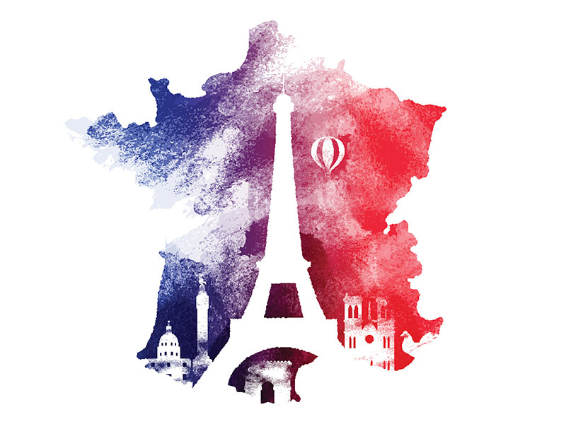 Watercolor of France nation map and landmark symbols