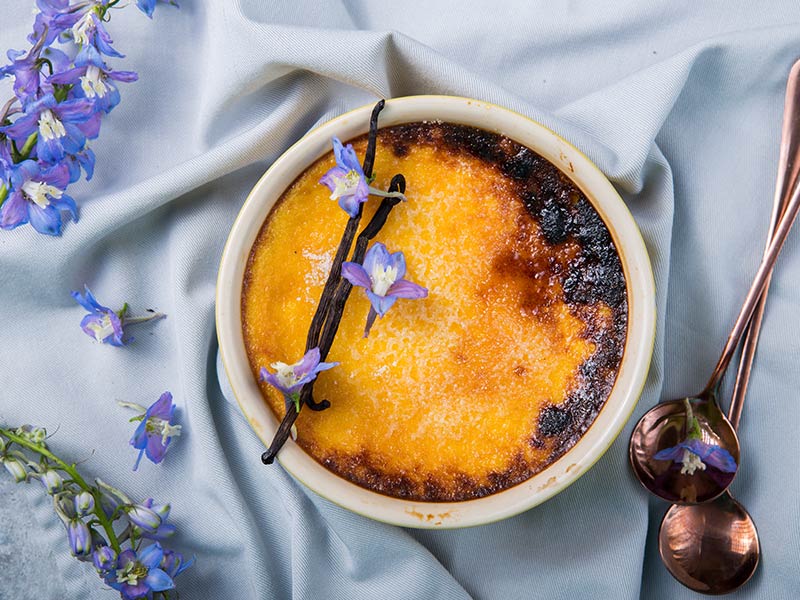 Creme brulee, traditional french vanilla cream dessert with caramelised sugar on top