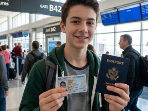prepared teenage boy holding a passport book and passport card